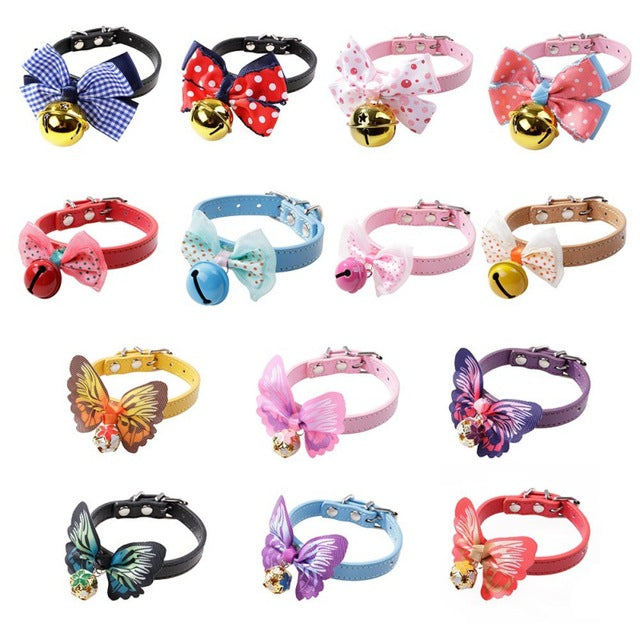 Colors Necklaces Dog Collar With Bell Bow PU Dog