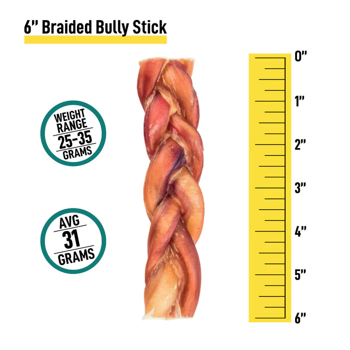 Grass-fed Braided 6" Bully Sticks Odor Free Dog Treats - 100% Beef
